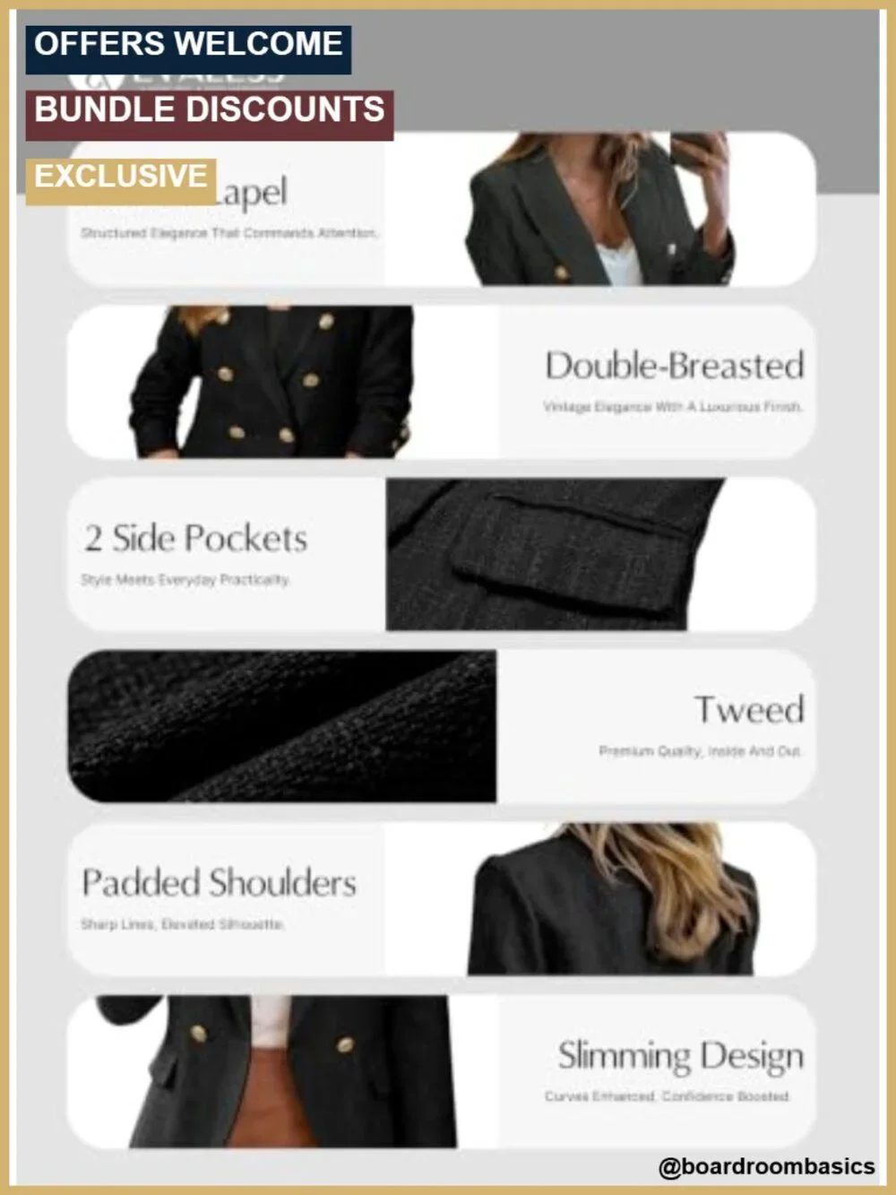 Double-Breasted Tweed Blazer Oversized Womens Blazer Office Coat Work Pockets